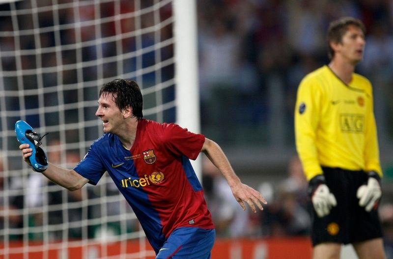 Lionel Messi turns away from Edwin van der Sar after scoring Barcelona's second in Rome with boot in hand. CREDIT: REUTERS.