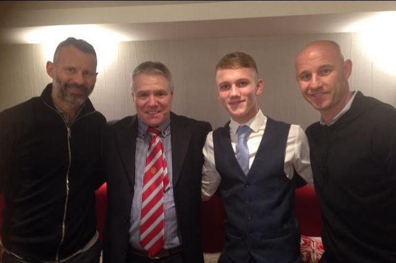 Ethan Galbraith pictured with Ryan Giggs, Nicky Butt & United scout Tony Coulter